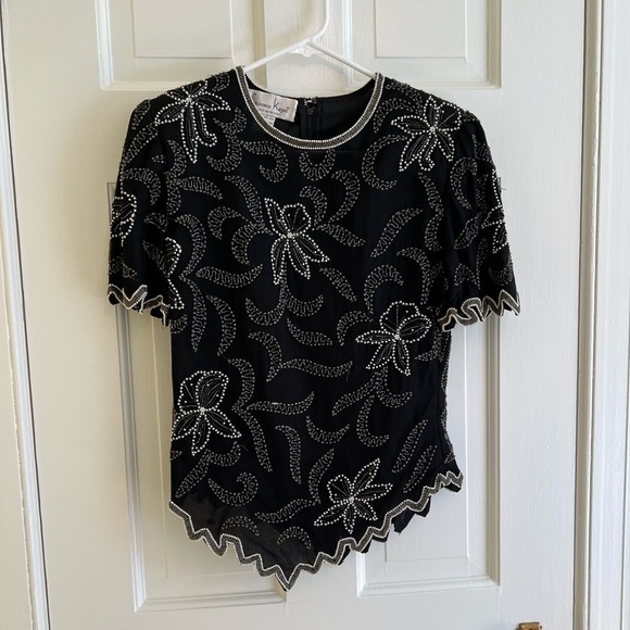 Laurence Kazar Vintage Silk Asymmetrical Beaded Black White Women’s S P Top - Picture 1 of 15